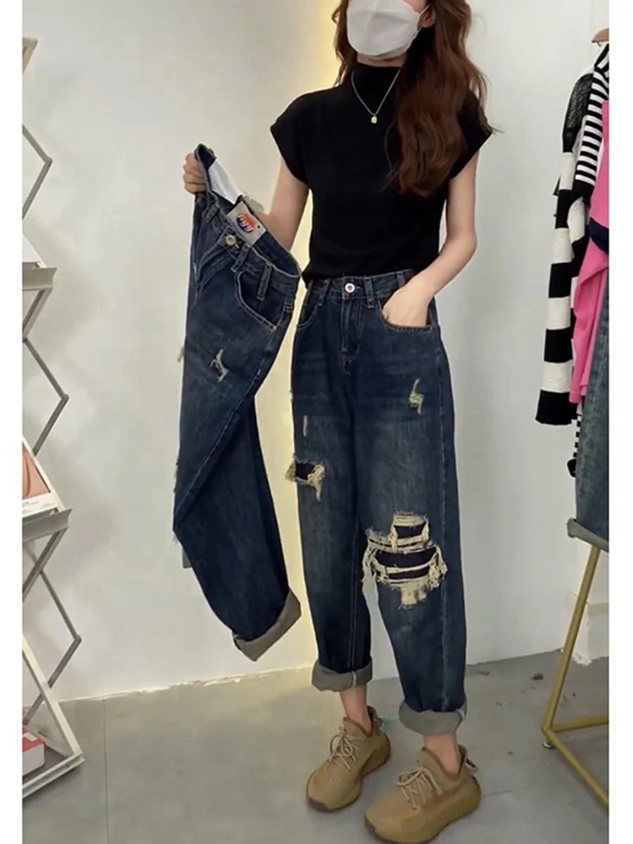 9961 Spring Summer 5xl 100kg Loose Casual Ripped Jean For Women Straight Retro Distressed Straight High Waist Female Denim Pants
