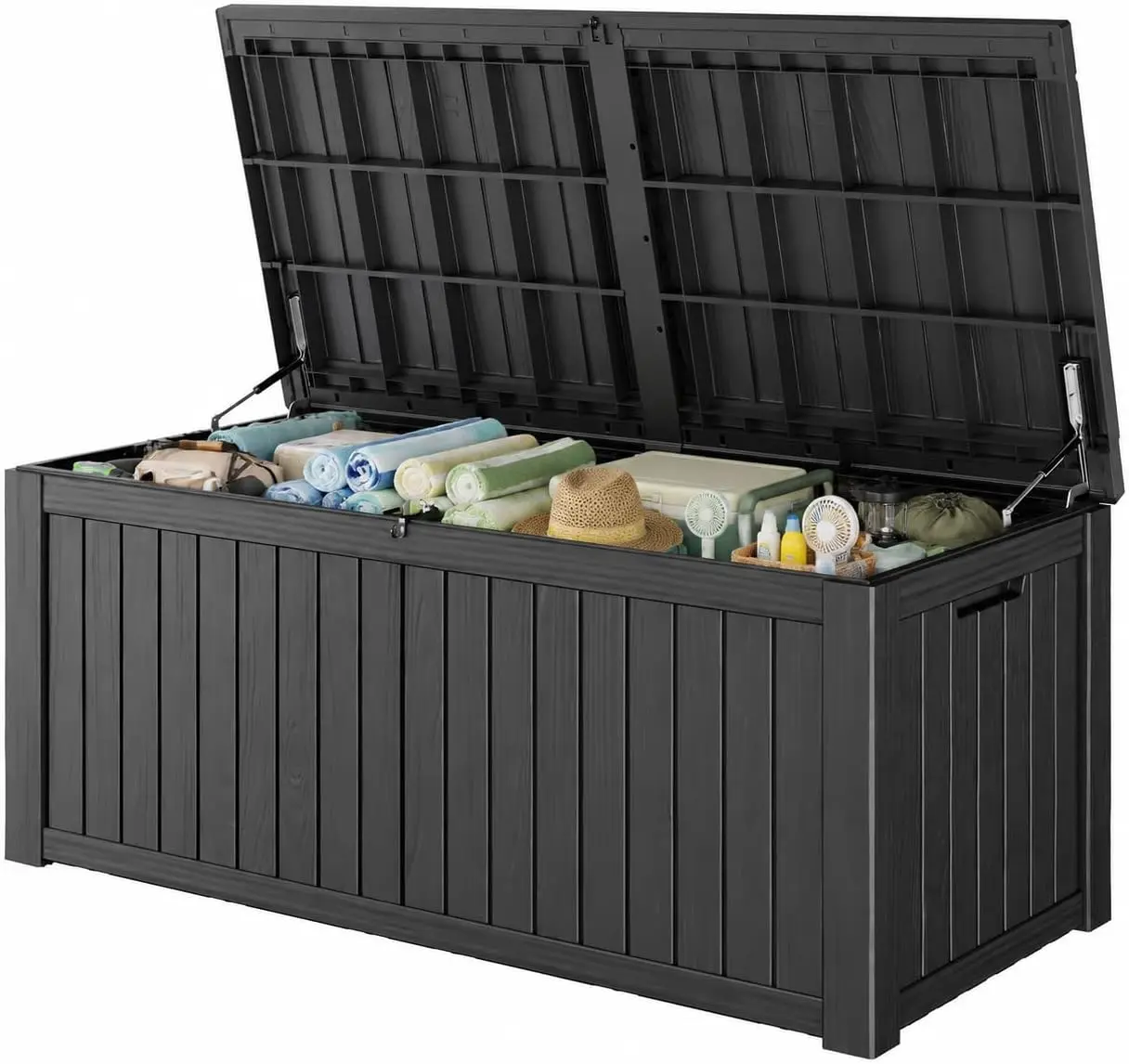 Resin Weather‑Resistant Deck Storage Box with Lockable Lid, Large Capacity Indoor & Outdoor Organizer Container for Patio Backyard Poolside, Black, 200 Gallon