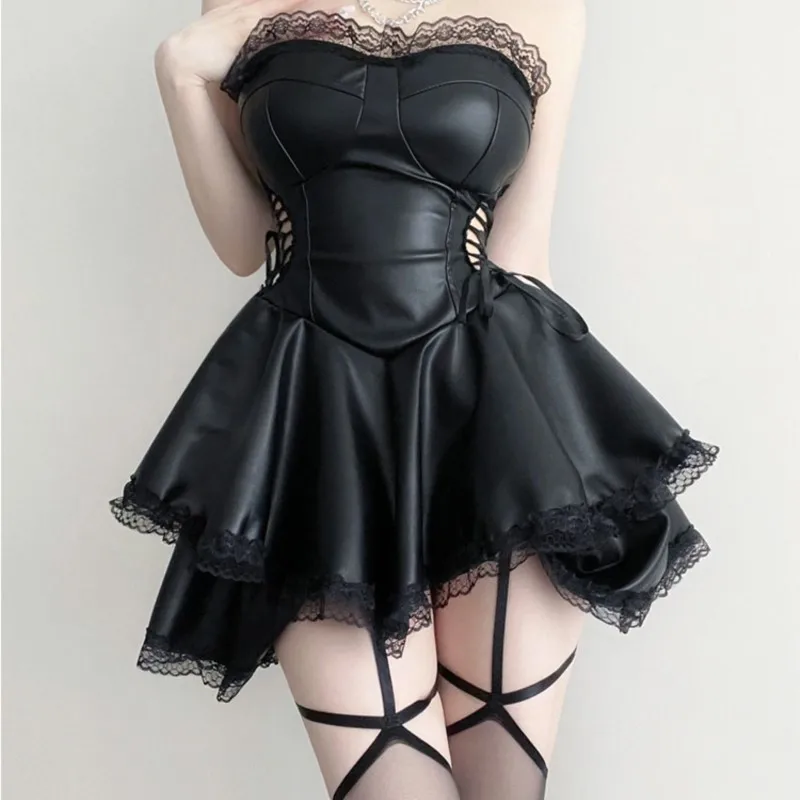 Dark Lace Blouse Tube Dress Women's Hot Girl Side Waist Hollow out Strap Cake Leather Skirt