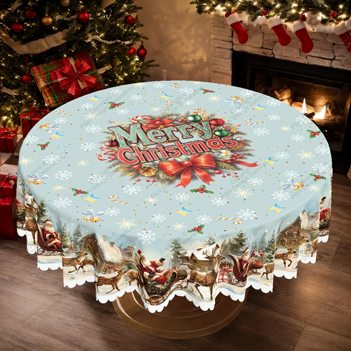 Pack of 1, Christmas New Year Themed Tablecloth, Santa Claus Christmas Tree Reindeer Red Bow Winter Snow Tablecloth