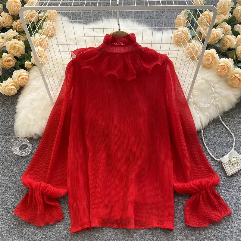 French Elegant Shirts Women Design Diamonds Loose Casual Tops Long Sleeve Ruffles Gentle Office Lady Blouses Spring