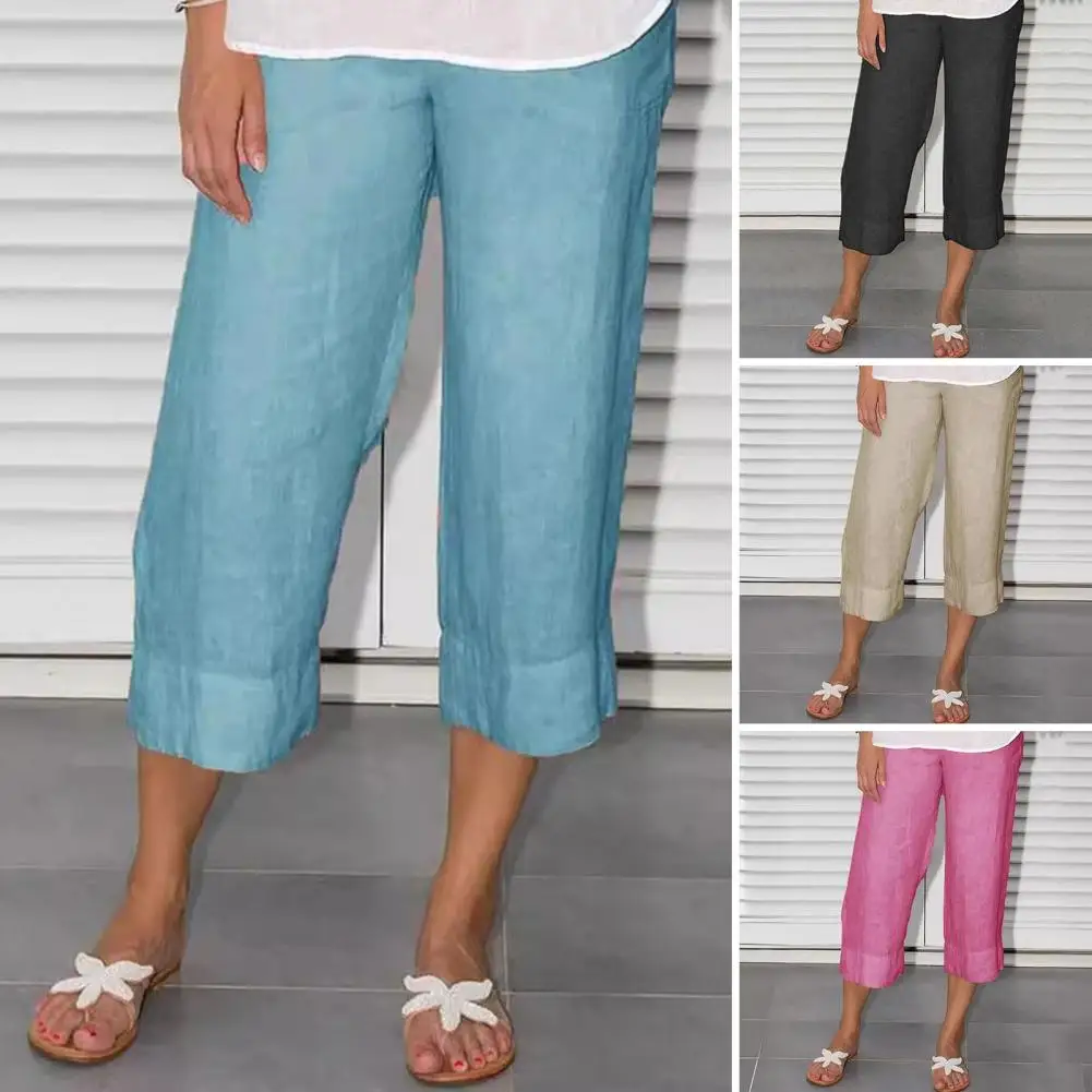 

Solid Color Pants Straight-legged Cropped Pants Lightweight Mid-calf Trousers Summer Cropped Pants with Elastic Waist for A