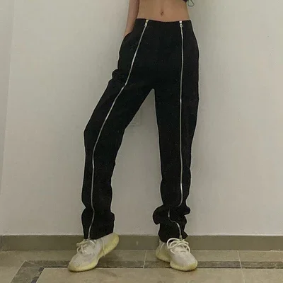 

Harajuku Double Zipper Straight Tube Trousers for Women, Gothic Black Streetwear, High Waist, Casual Fashion, Female Pants, New