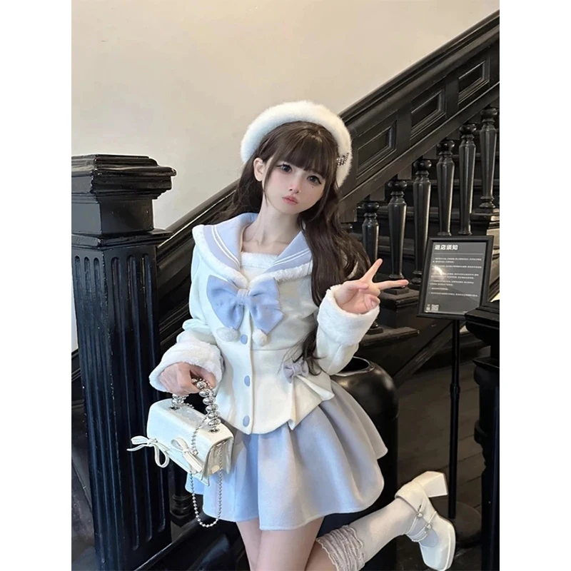 

MEXZT Lolita 2 Pieces Set Women Outfits Kawaii Cropped Bow Sailor Collar Coat Y2K Japanese Mini Skirt Winter Cute Design Clothes