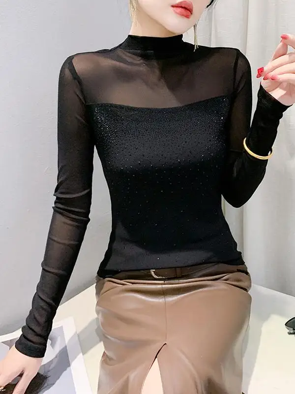 Ele f High Collar T-irt Rhinestone Embellied Base irt Faionable Unique Autumn New Arrival Women's Top