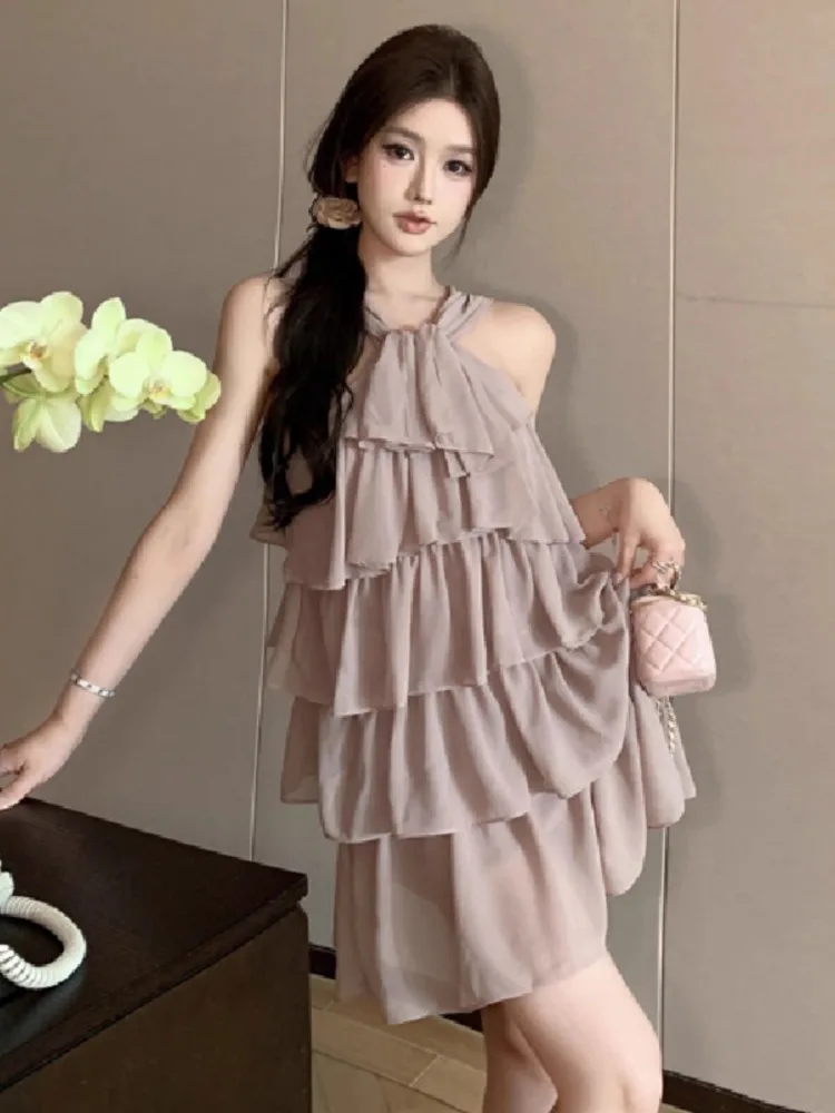 Ezgaga Woman Dress Sleeveless Halter Ruffles Halter Slim Backless French Style Chic Mini Dresses Elegant Party Sexy Female