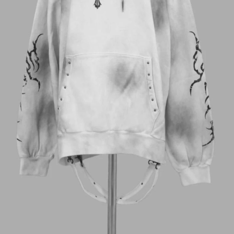 النمط الياباني Y2K ثقافة فرعية شيك بلوزات النساء القوطية الظلام الصليب طباعة الشارع فضفاض هوديس الخريف الشتاء ملابس كاجوال #6