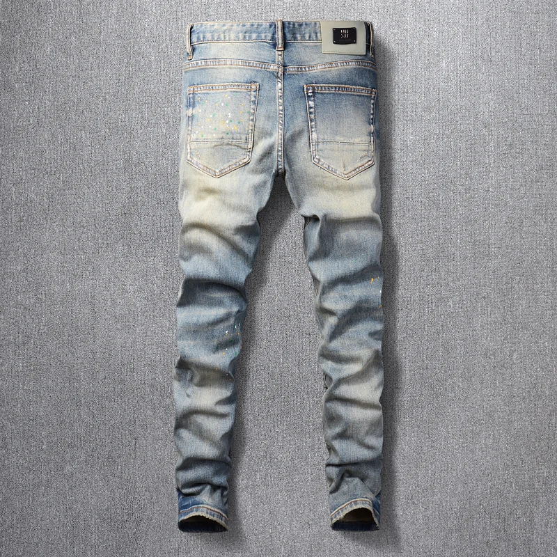 Newly Designer Fashion Men Jeans High Quality Retro Washed Blue Stretch Slim Fit Ripped Jeans Men Painted Vintage Denim Pants