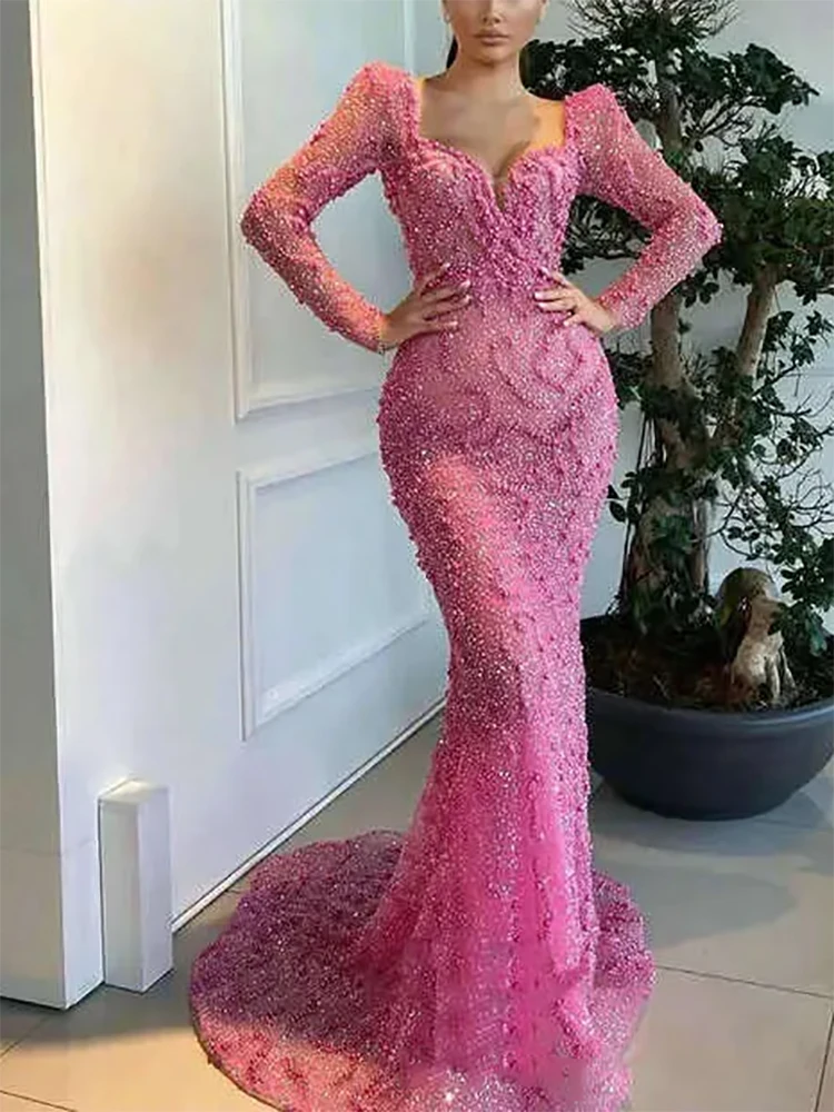 Pink Square Neck Formal Evening Dresses Full Sleeve Sequins Lace Beaded Mermaid Prom Dresses Customized فساتين سهرة
