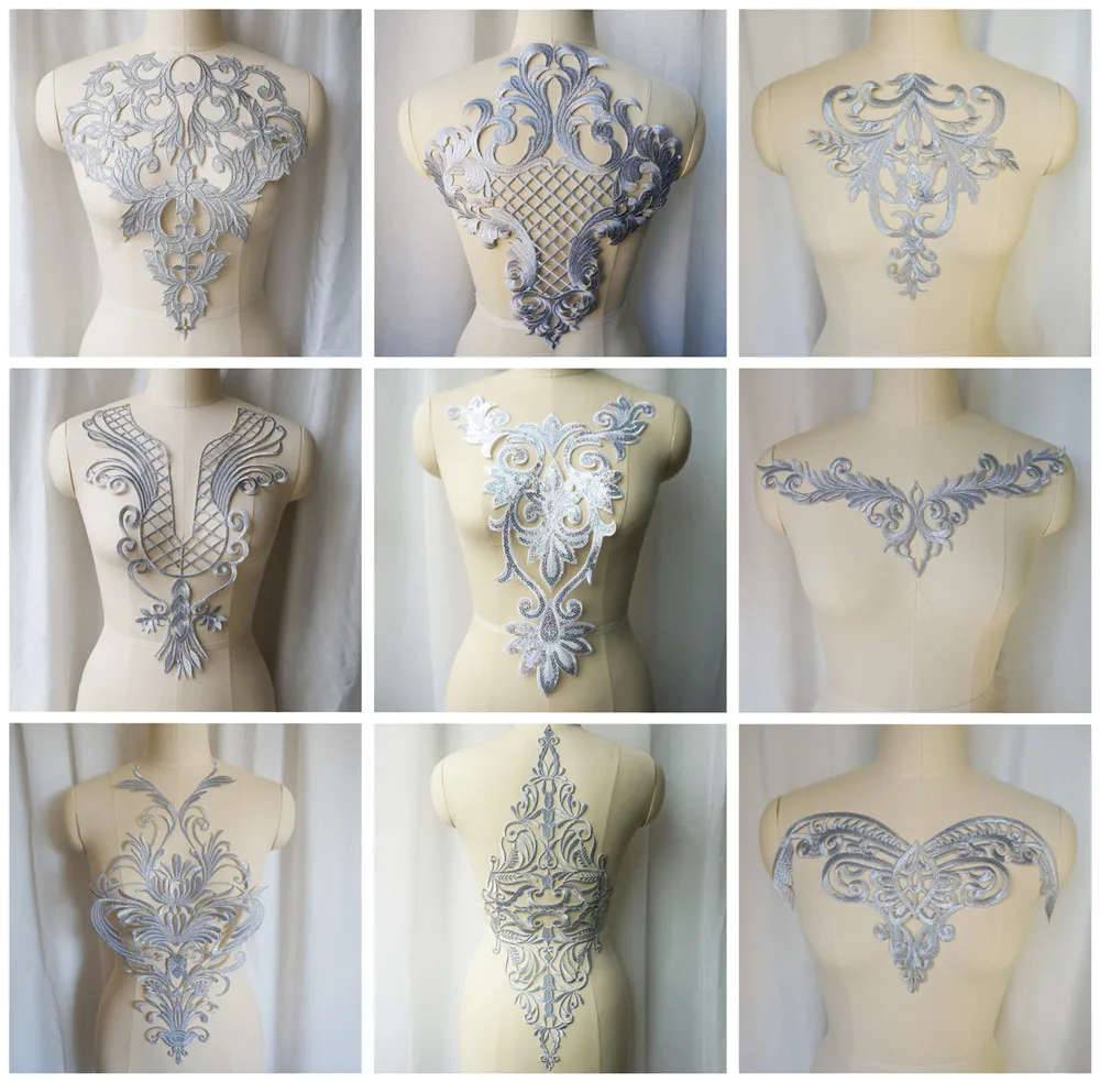 Srebrny haft barokowy siatka cekinowa aplikacja kwiatowa przyszyć żelazna naszywka kołnierz suknia ślubna suknia ślubna ubrania DIY Handwork Craft