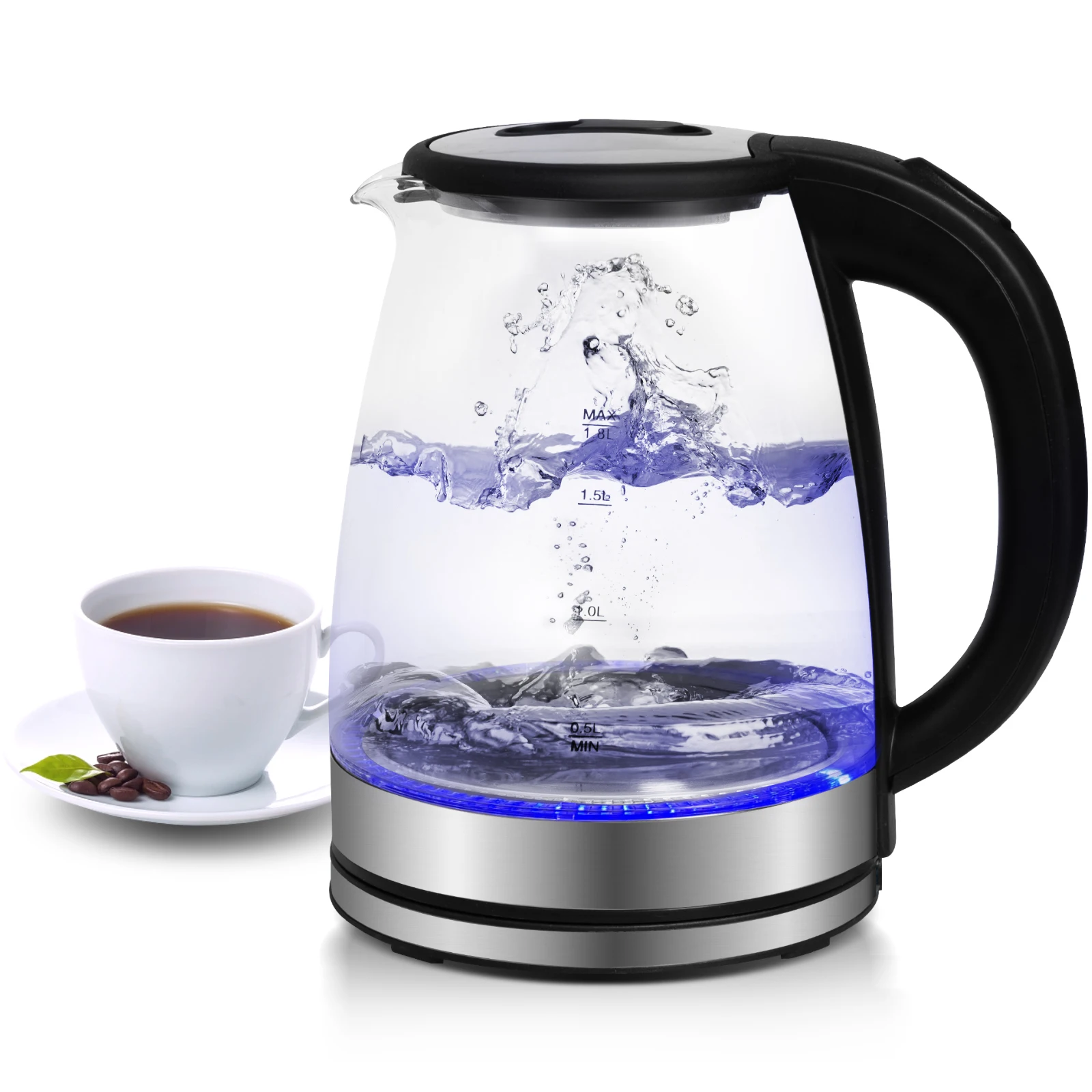 Glass electric kettle with 1.8 litre volume 1500 watt blue LED Interior lighting 360 ° base Power House & Garden test | best