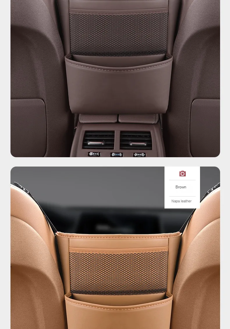 Auto Sitz Mittleren Kleiderbügel Lagerung Tasche Leder Auto Handtasche Halter Zwischen Sitze Kopfstütze Hängen Telefon Wasser Tasse Organizer Taschen – Detail 13