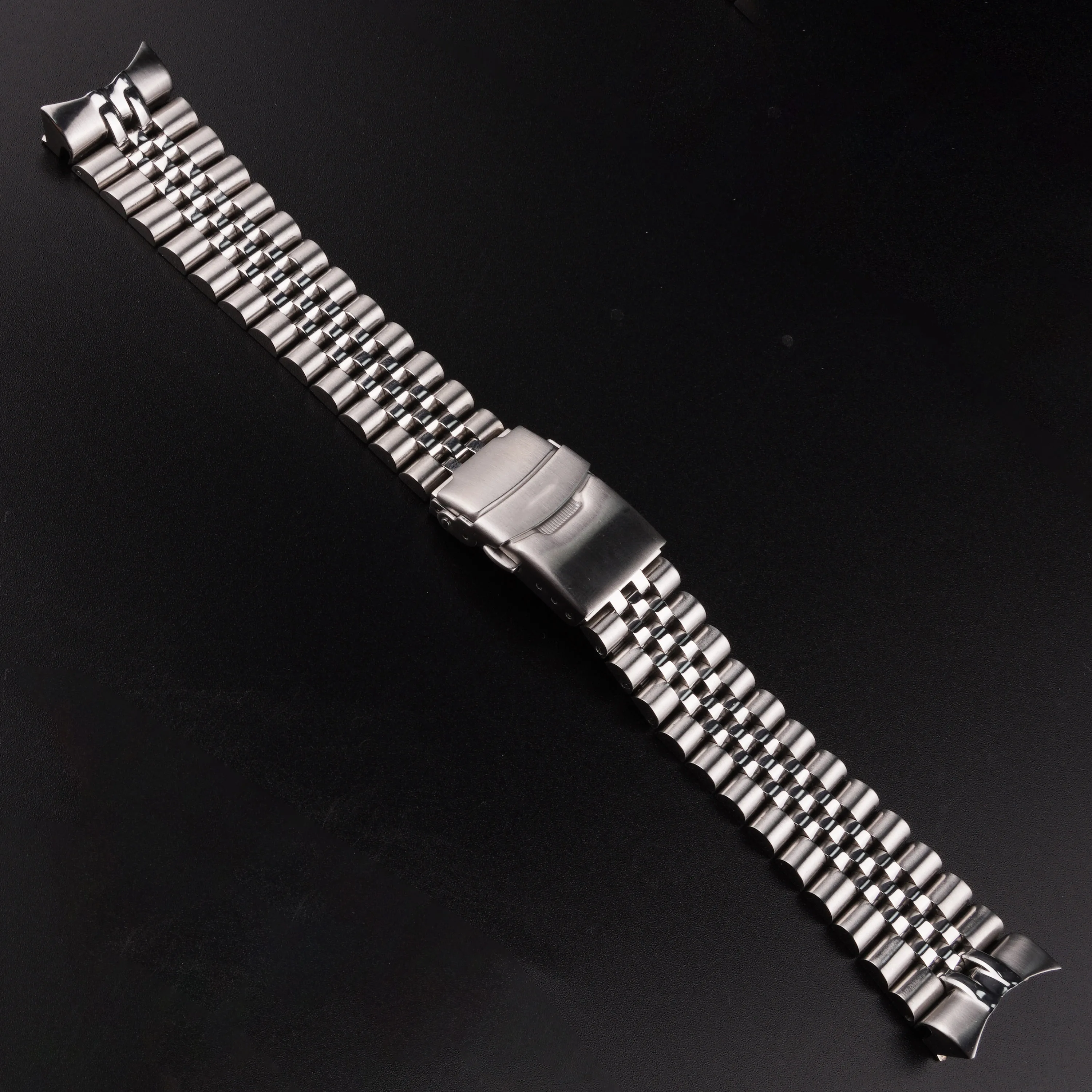 Rolamy 22mm Silver Jubilee Watch Band Solid Curved End Links Strap Bracelet Double Push Clasp For Seiko 5 SRPD53K1 SKX007