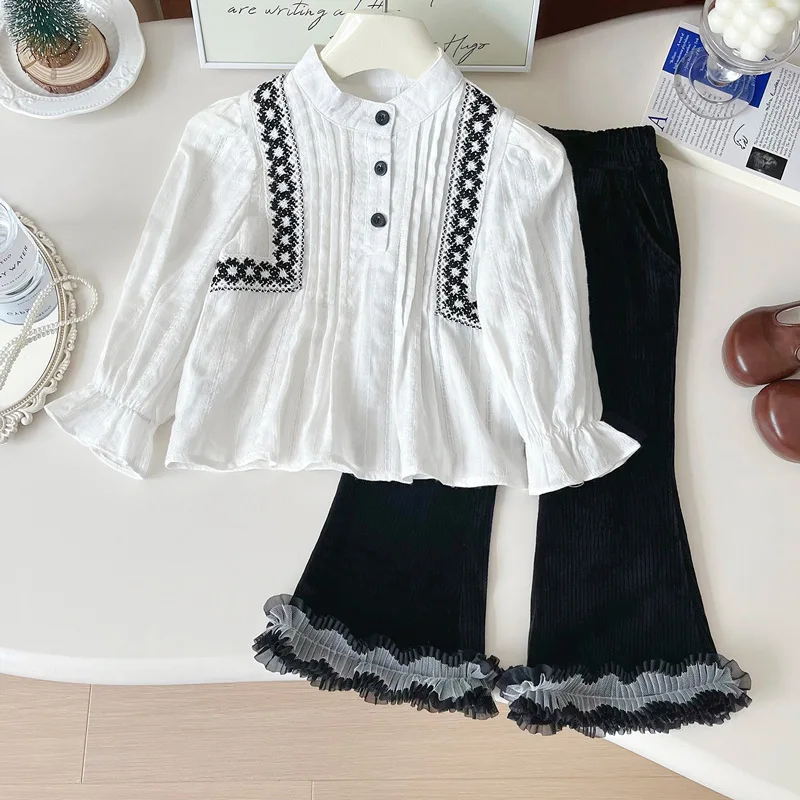 2024Western Style Autumn New Girls' Pullover Long Sleeve Shirt Foot Lace Stretch Trousers Combination Suit