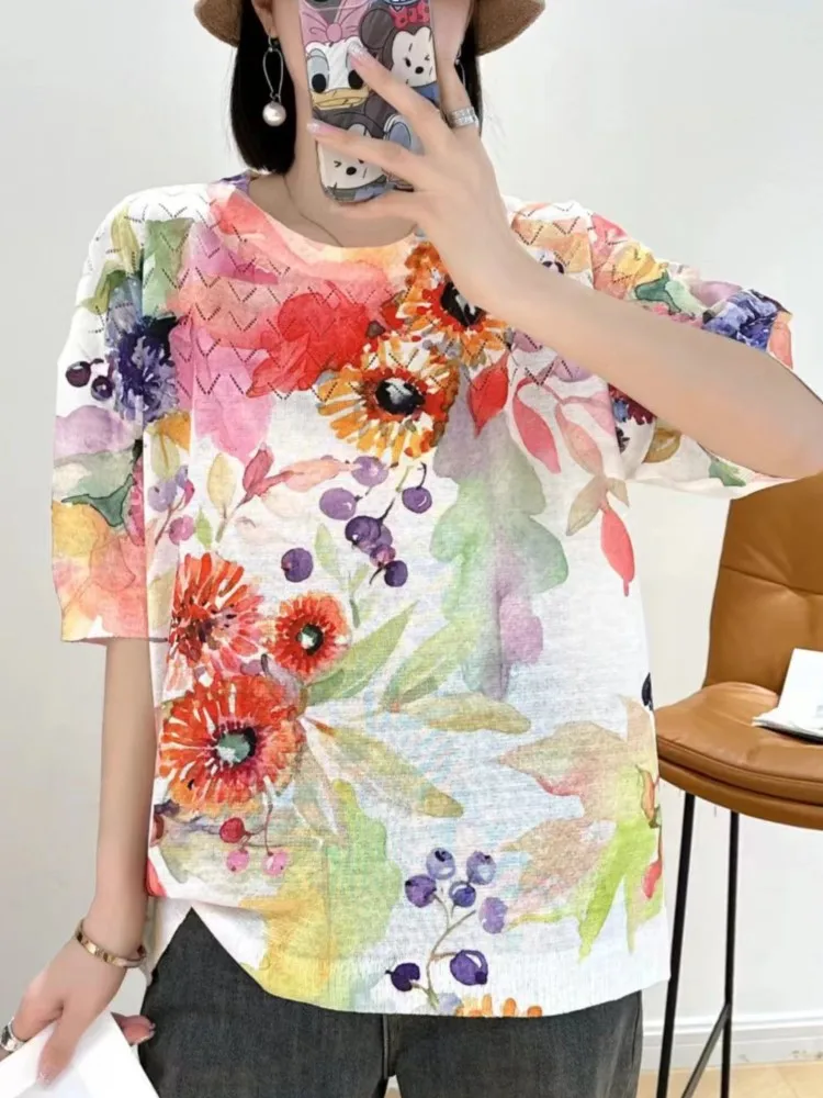 Oversized Summer Knitted T-Shirts Tops Women Loose Fashion Flower Floral Print Ladies Blouses Casual Short Sleeve Woman Tops