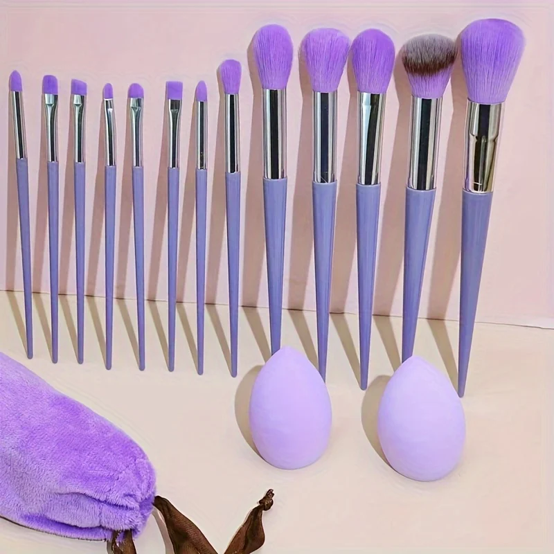 13pcs Purple Makeup Brushes Set With Storage Bag & 2pcs Makeup Sponge, Eyeshadow, Concealer, Professional Beauty Brush