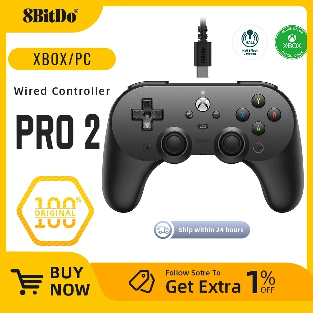 New-8BitDo Pro 2 Wired Controller Hall Effect for Xbox Series, Series S, X, Xbox One, Windows 10, 11