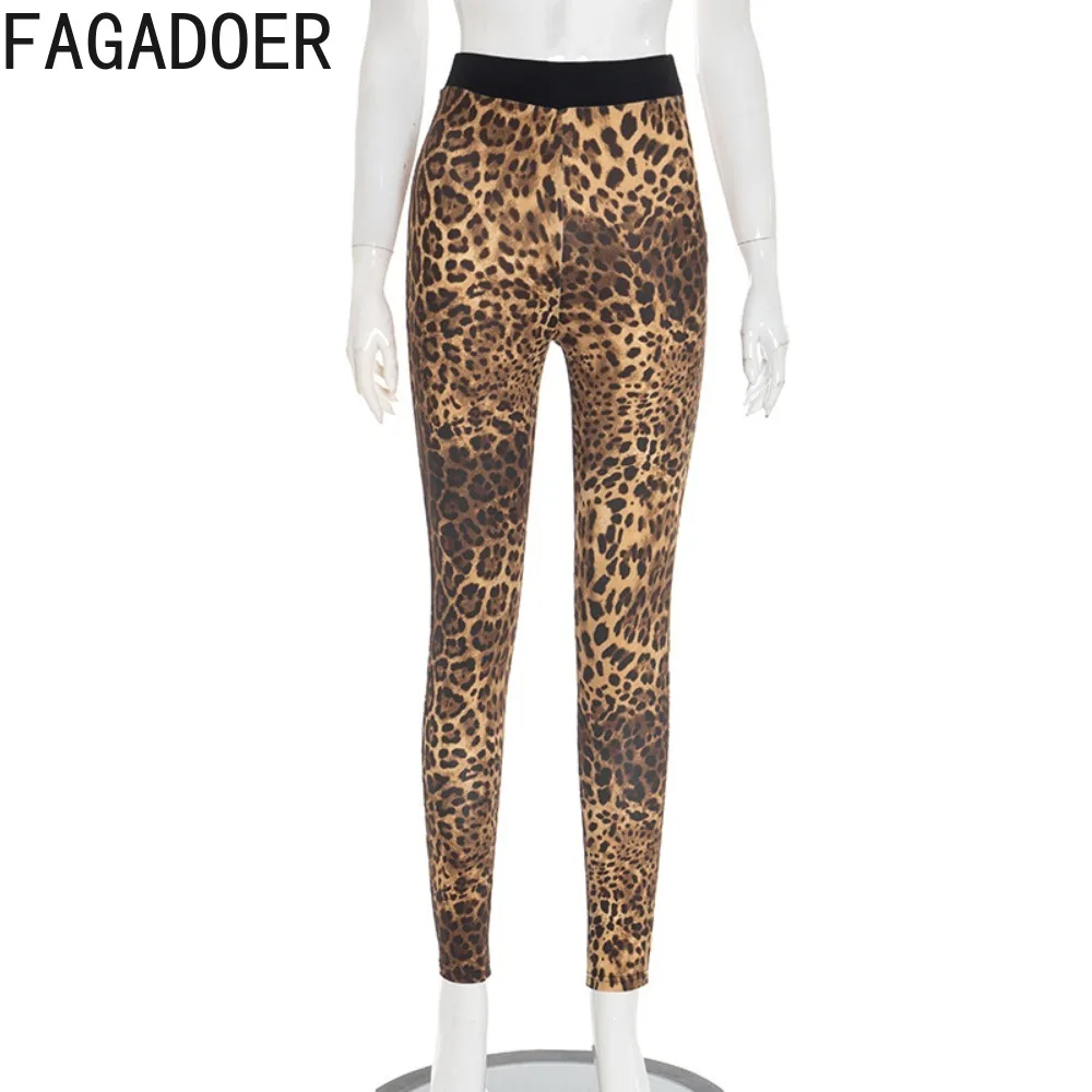 FAGADOER Sexy Leopard Print Elastic Pants Women Color Block High-waisted Straight Leggings Female Streetwear Bottoms 2025 New