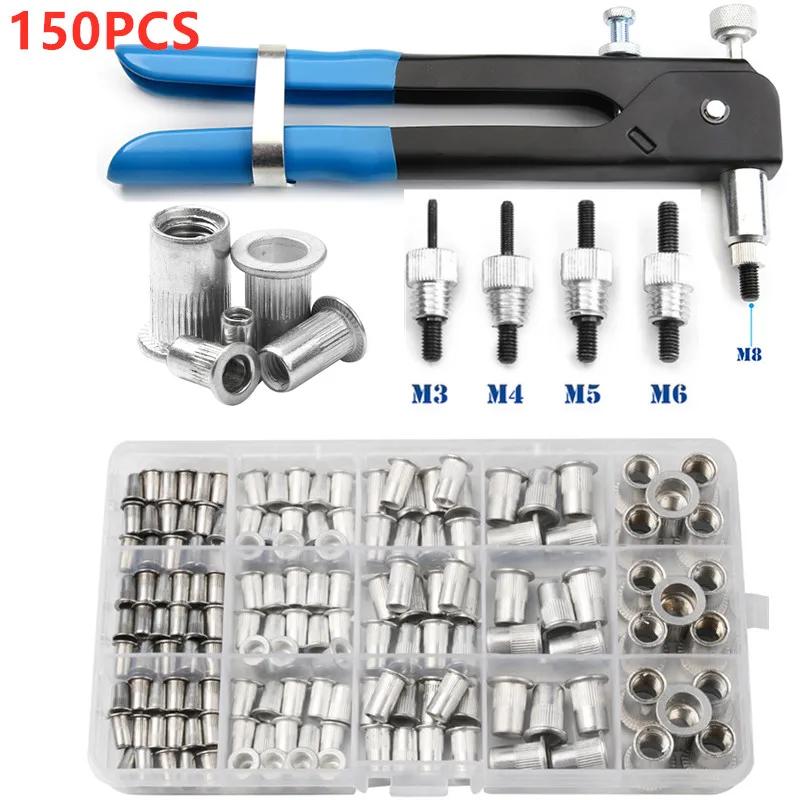 Kit d\'Écrous à Rivets, Outil de Réparation, Rivetgun, Vis à Tête Plate, 150 Pièces, 1 Pistolet, 5 Mandrins, M3 M4 M5 M6 M8