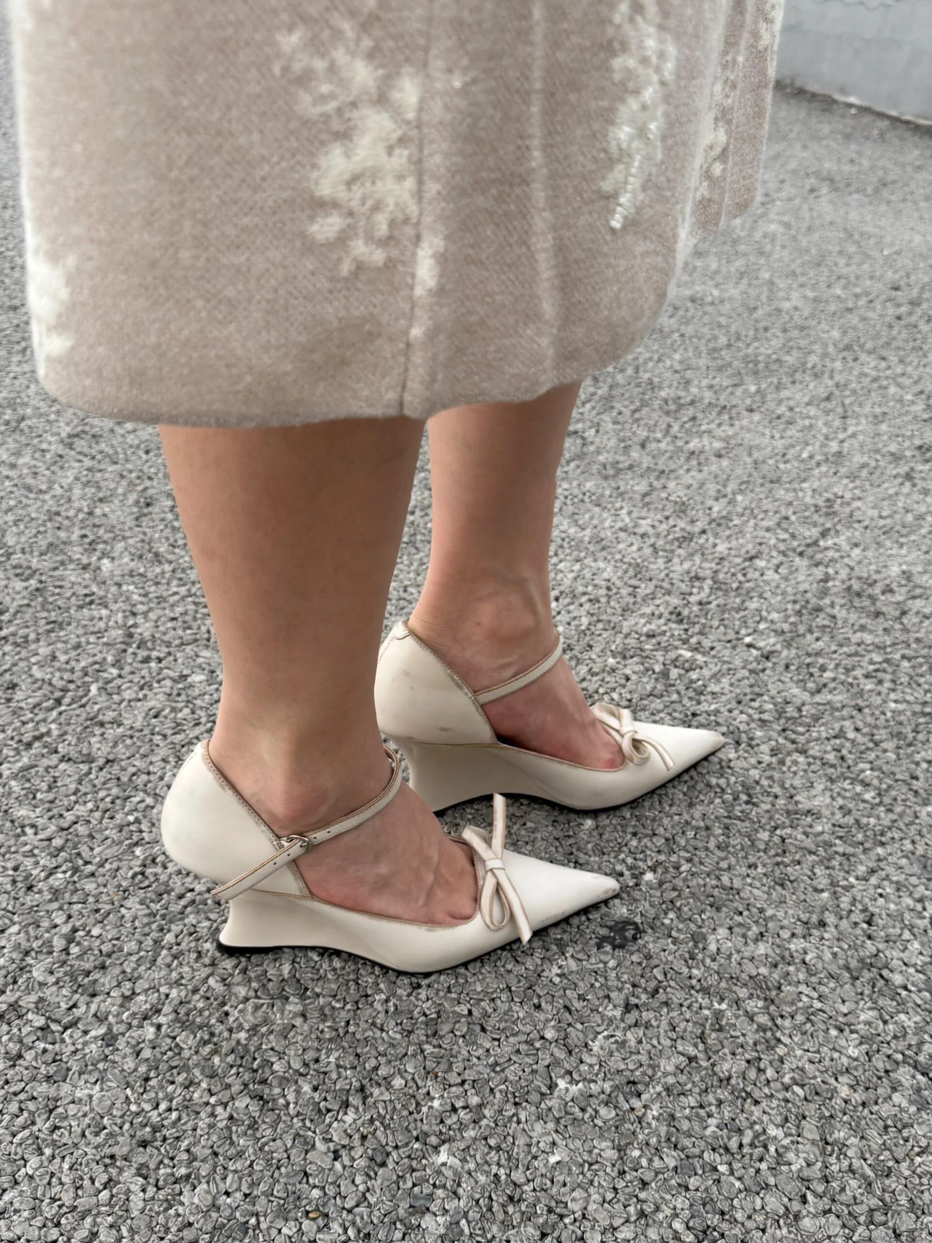 

Women's Beige Satin Pointed Toe Wedge Heels Adjustable Ankle Strap Mary Jane Pumps with Bow Detail for Office Parties Elegant