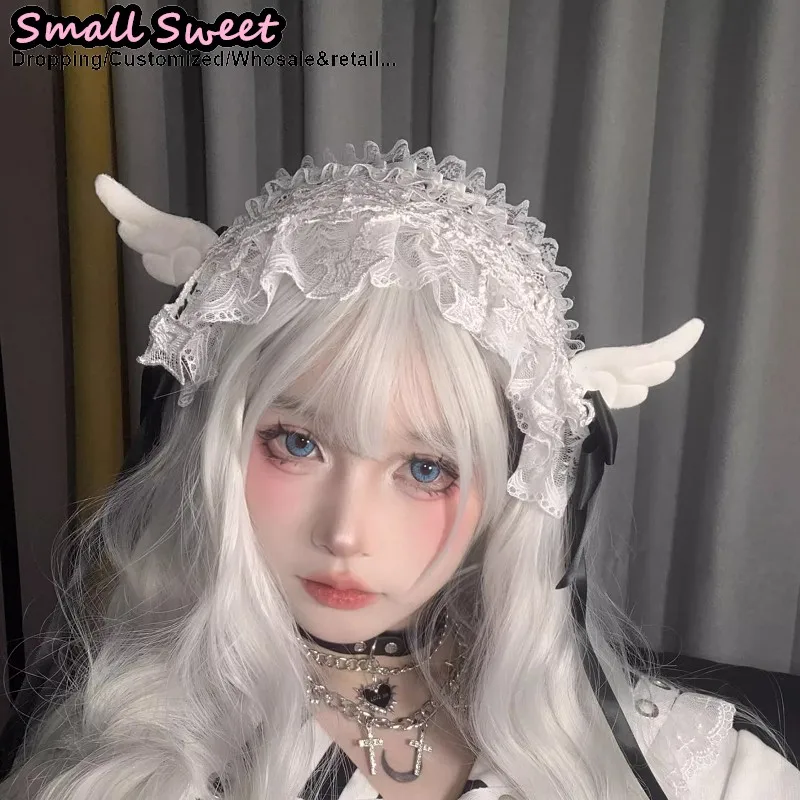 

Y2k Girl Goth Lolita lovely Harajuku Gothic Women subculture Ruffled Floral Lace angel Wing Headband Hair Band Hair accessories