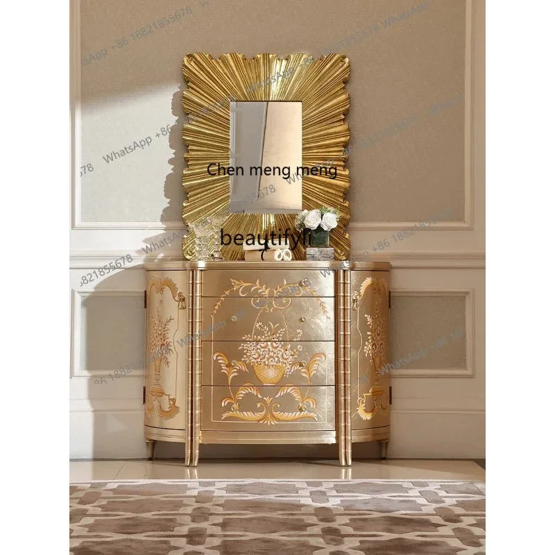 

new French Entry Lux Solid Wood Hand-Painted Chest of Drawers European Style Champagne Silver Foil Entrance Cabinet Decorative s