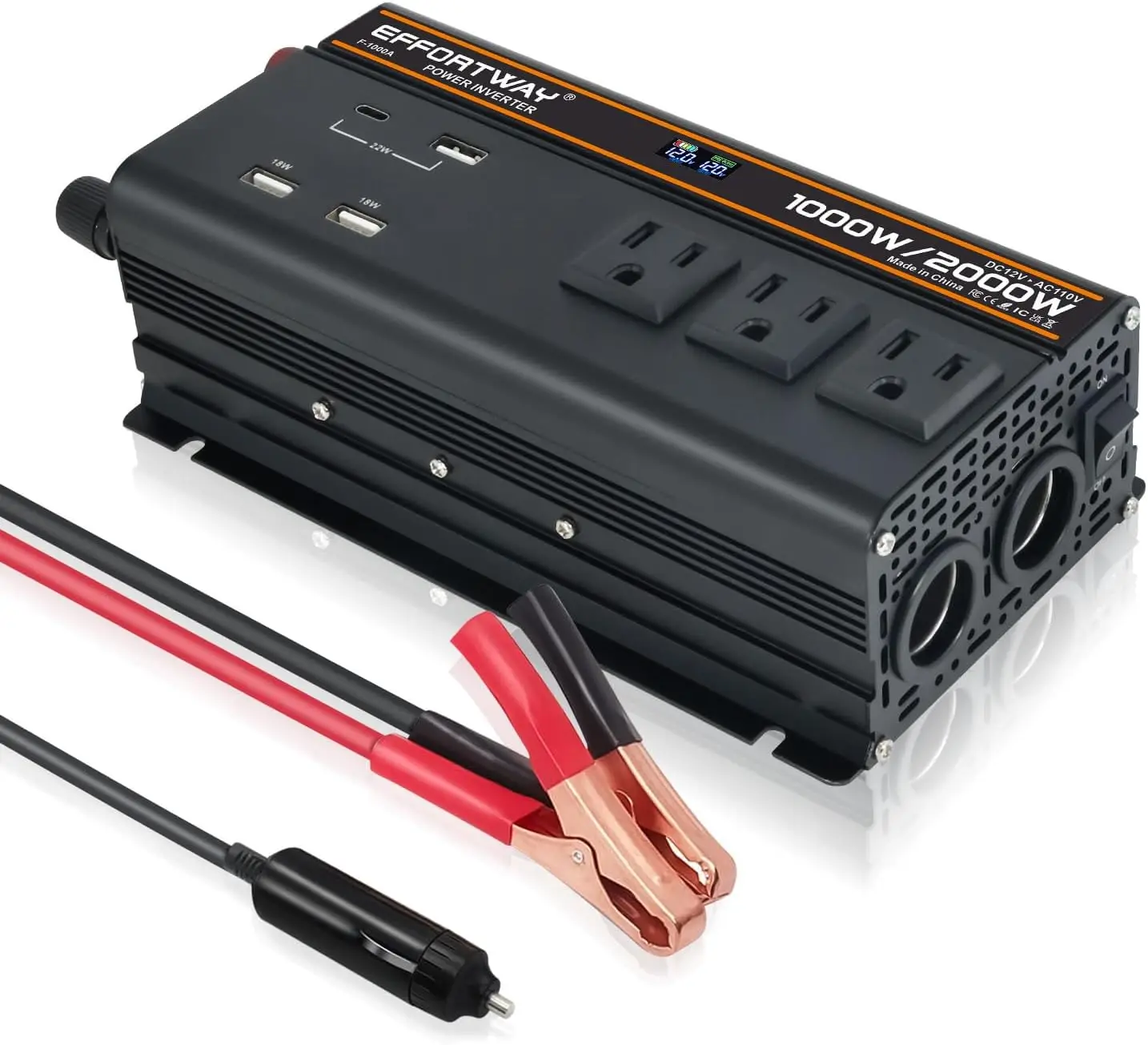 

1000W Power Inverter for Cars, 12V to 110V/120V Converter with 3 AC Outlets, USB-C, and Cigarette Lighter Ports