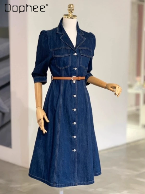 

Fashion Retro Belt Slim Denim Dress Wmen Autumn New Temperament Ladies High-end Single-breasted Mid-length Casual A-line Dress