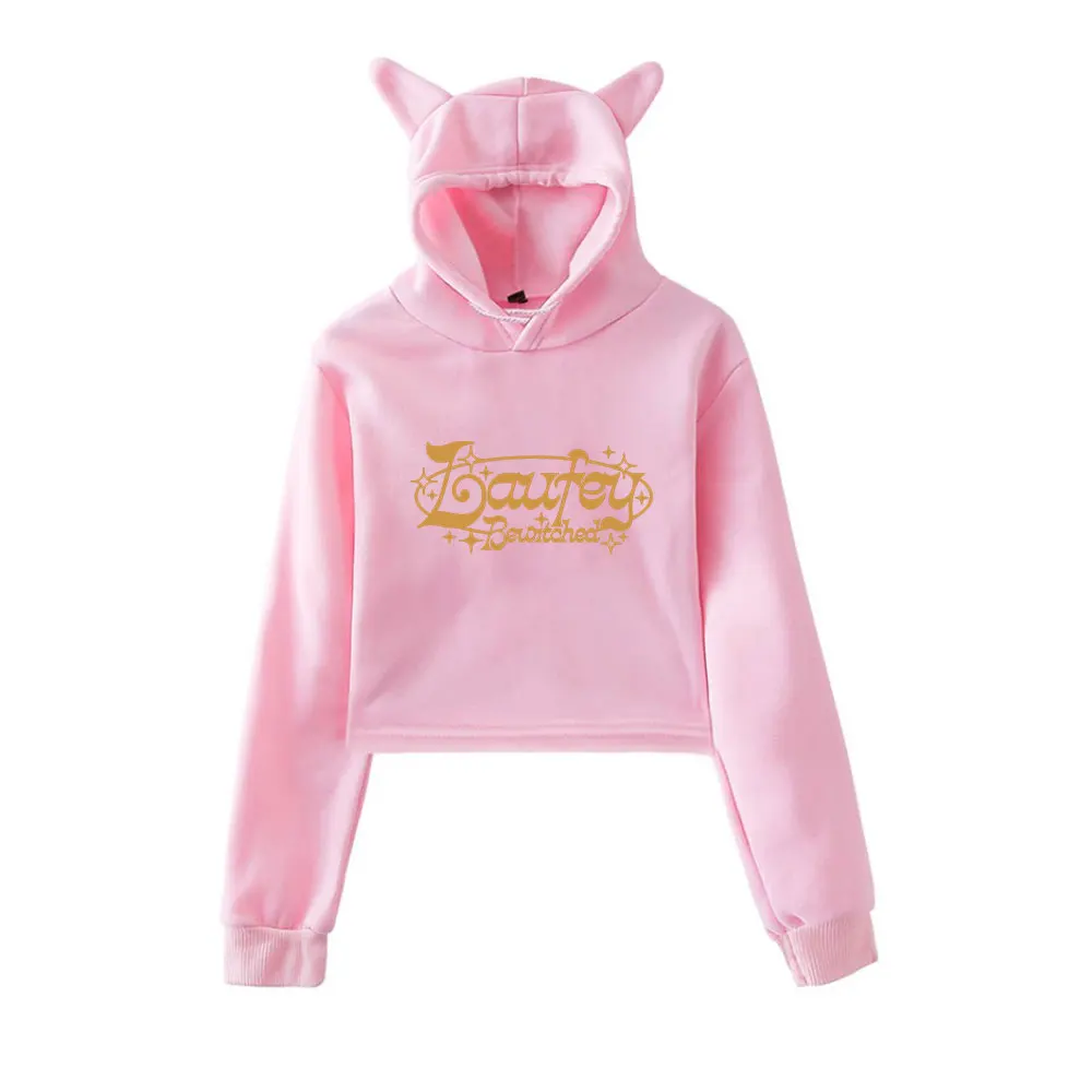 Laufey Cosmic Baby Cat Ear Hoodie Women Long Sleeve Cropped Sweatshirts Female Casual Streetwear Crop Tops