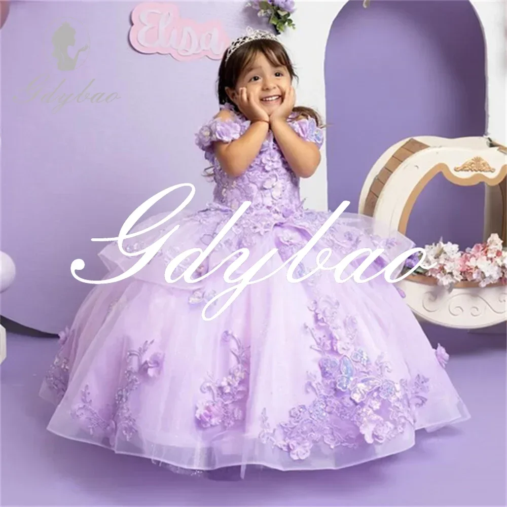 

Full Flower Appliques Princess Wedding Party Girl Dress Short Sleeve Floor Length Sweep Train First Communion Gown New 2024