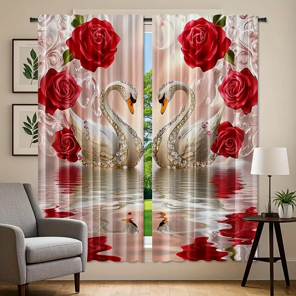 2PCS Red Rose Swan Curtains, Elegant Romantic Floral Print, Window Drapes for Living Room Bedroom Home Decoration
