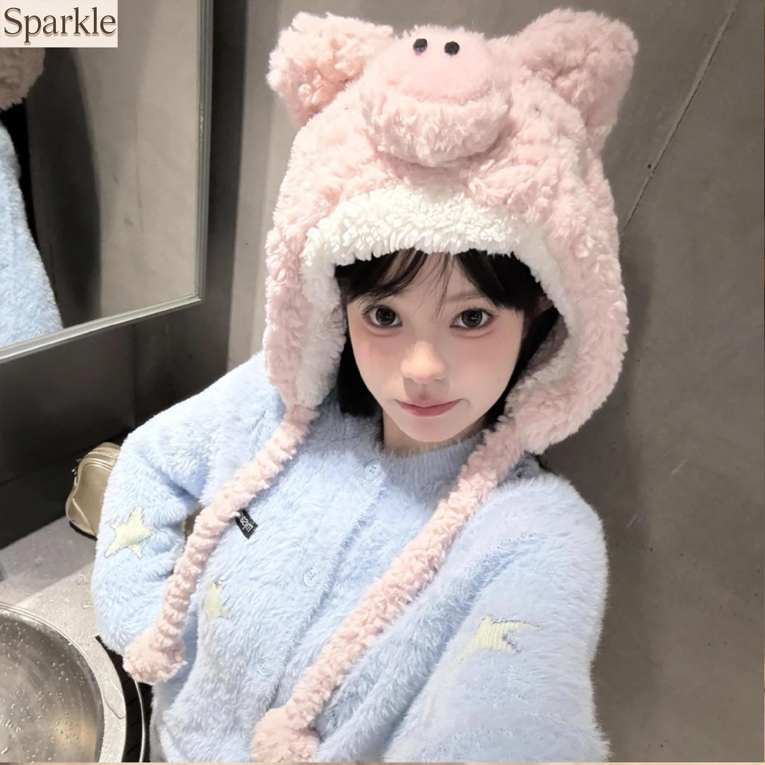 

Cute Pink Fluffy Piglet Ear Warmer Hat Women's Winter Warm Anti-Cold Protection Lei Feng Style Sweet Stylish Ear Cover
