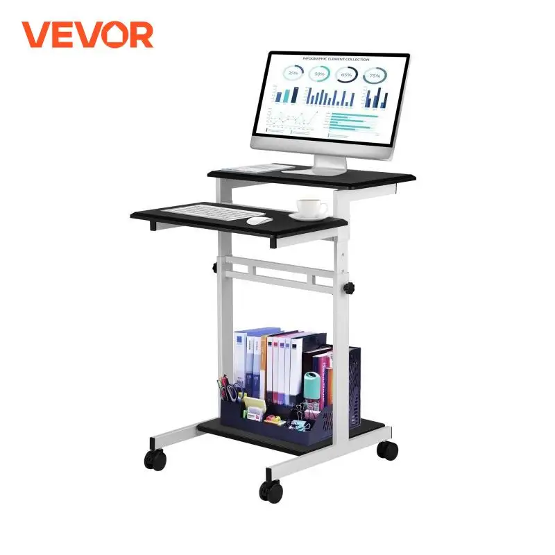 VEVOR Mobile Standing Desk Rolling Laptop Desk W/ 3 Shelves 34-47in Adjustable Height W/ 360° Rotation Wheels for Home Office