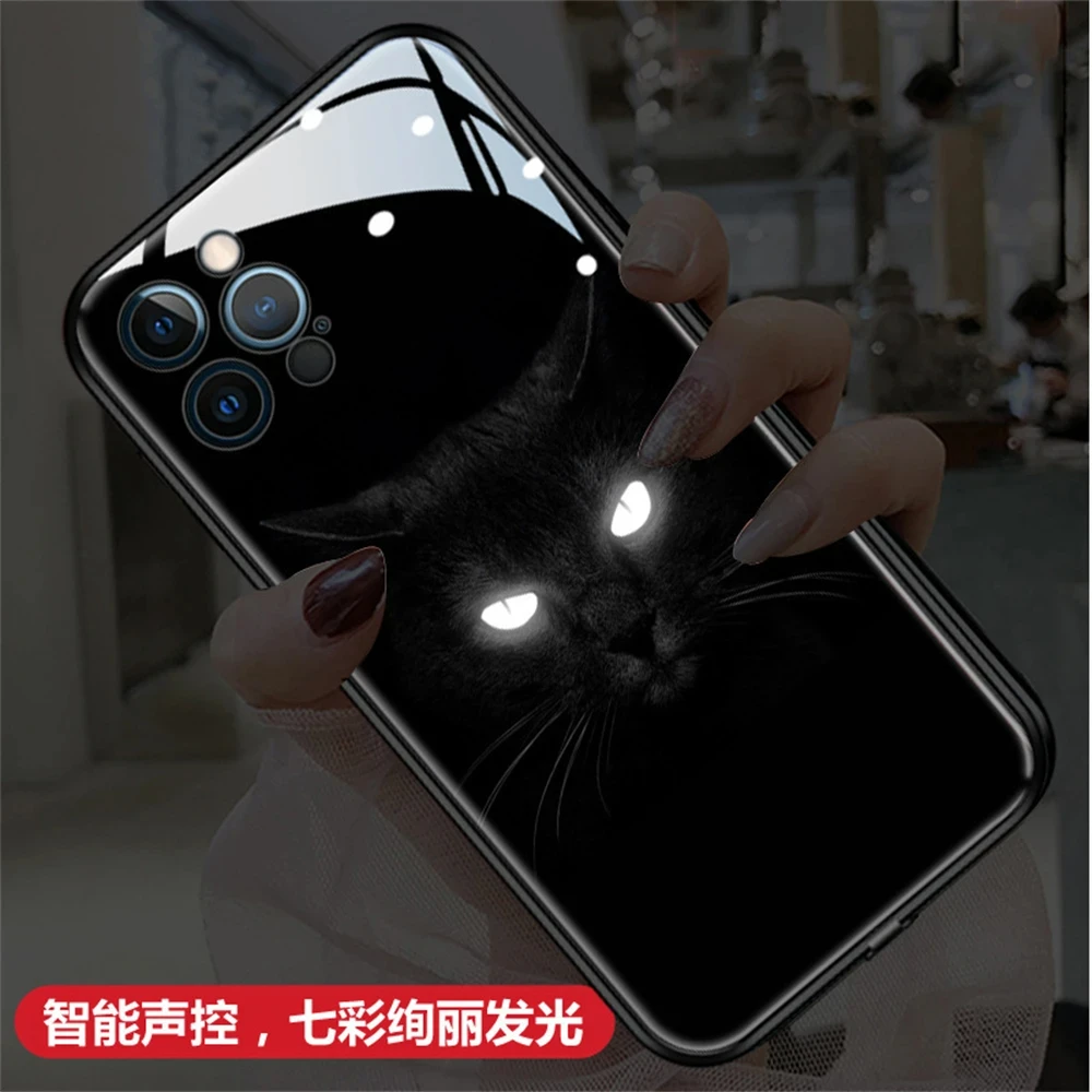 

2024 Best Seller Black Cat LED Light Up Tempered Glass Phone Cover For iPhone 15 14 13 12 11 Pro Max 8 7 6 6s Plus