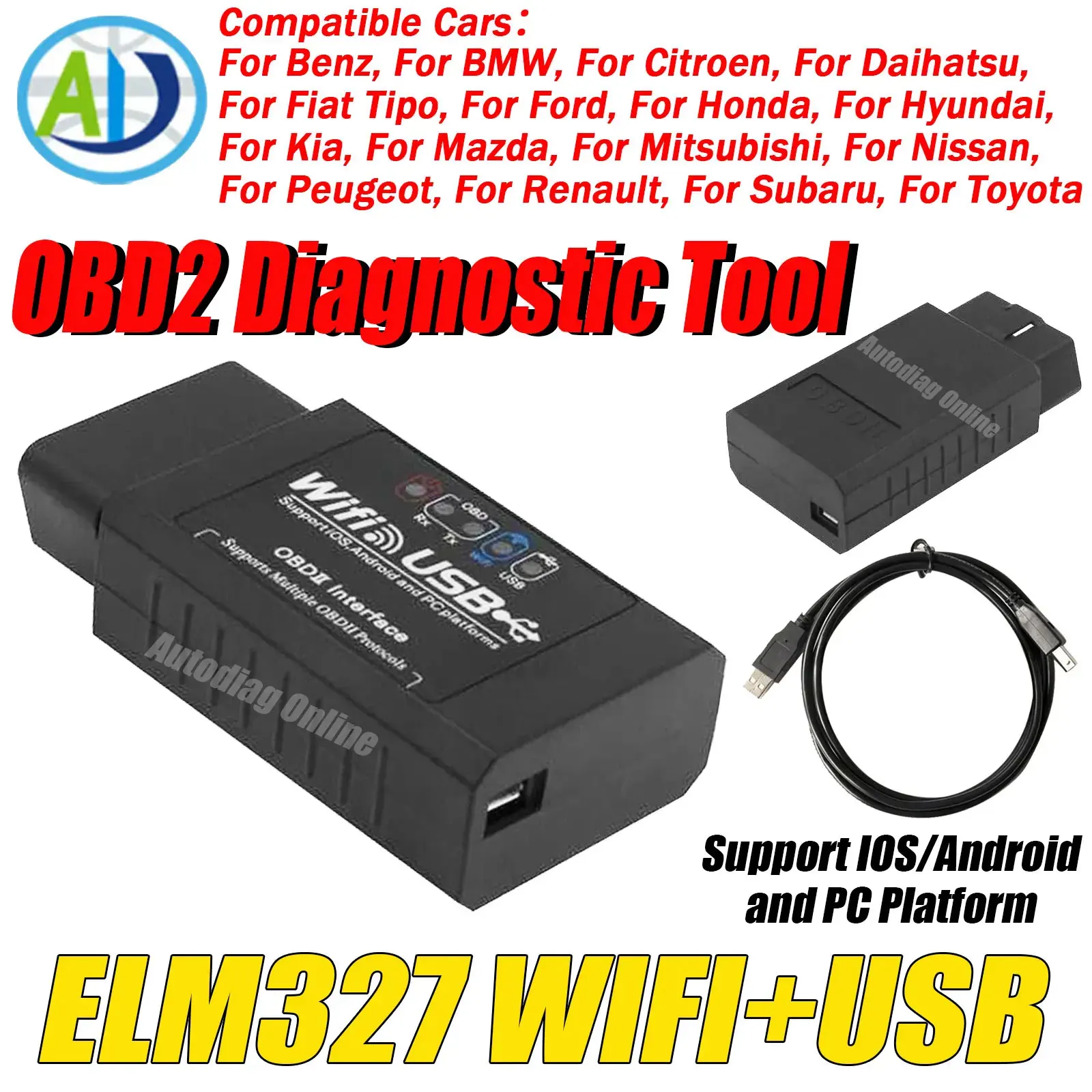 

ELM327 USB Scanner For Benz Ford Mazda Toyota Nissan For CAN KWP2000 Code Reader OBDII Auto Diagnostic Tool ELM327 WIFI Scanner