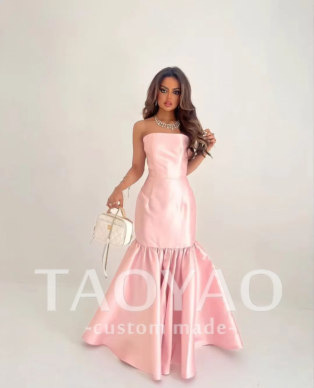 

TaoYao Pink Satin Strapless Prom Dresses A Line Mermaid Customized Elegant Formal Occasion Gown Saudi 2023 vestidos de noche