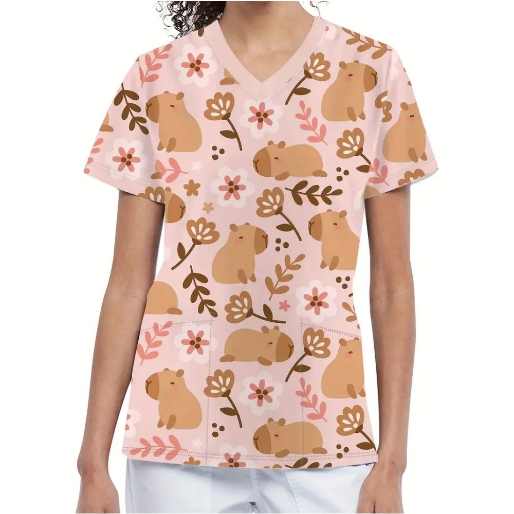 

Surgical Uniform Woman Cute Cartoon Print Veterinarian Nurse Summer Fashion V-Neck Short Sleeve with Pockets Scrubs Woman Tops