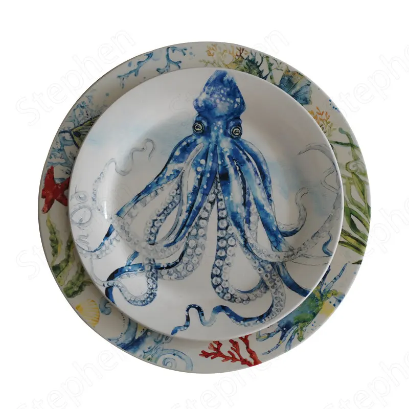 Creative Underglaze Color Squid Ceramic Plate European Modern Marine Animal Steak Pasta Plates Coral Octopus Cake Dessert Dishes