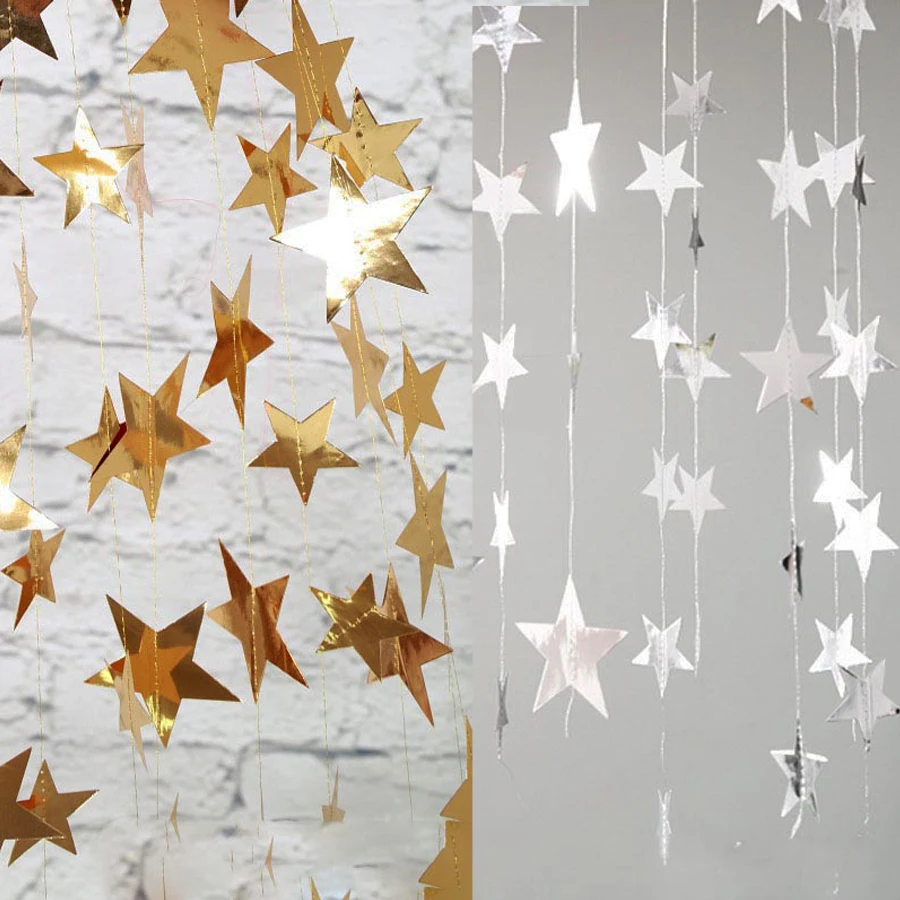 Girlanda papierowa 4M 7cm z błyszczącymi gwiazdkami, złoto-srebrna girlanda banerowa na baby shower, do pokoju dziecięcego, dekoracja wisząca na wesele
