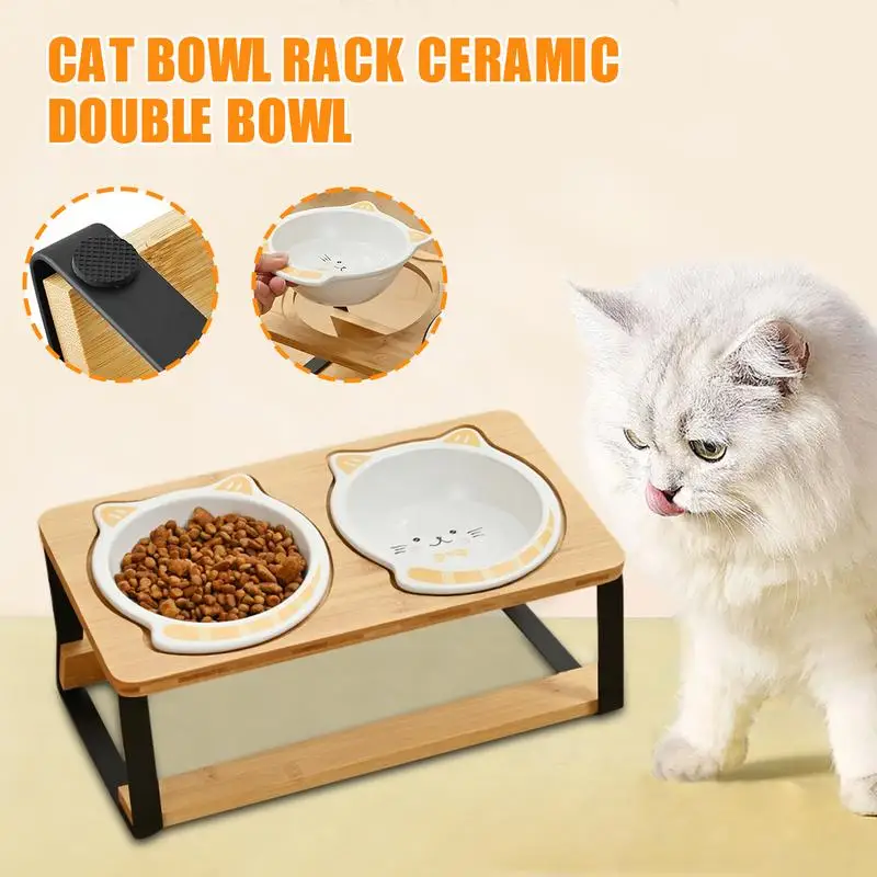 

Cat Elevated Food Bowl Raised Cat Food Bowls Double Ceramic Dish With Non-Slip Wooden Base Tilted For Pet Puppy Apartment City
