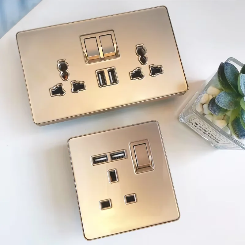PSSRISE All Tempered Glass Wall Lamp Switch Button Gold UK Plug 13A Universal Wall Socket with Usb ,220V2gang2way Dimmer Switch - view 6