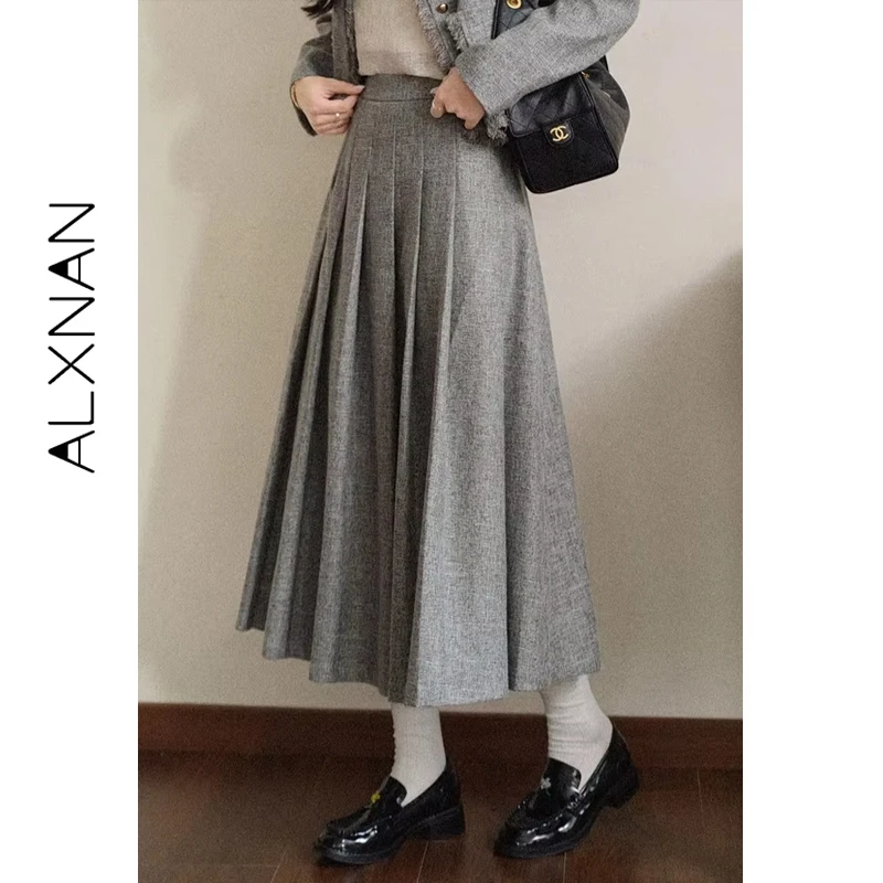 

ALXNAN Gray Skirt Women's Autumn New Long A-line Pleated Skirt 2025 Fall High Waist Casual Fashion Office Lady Skirts L57912