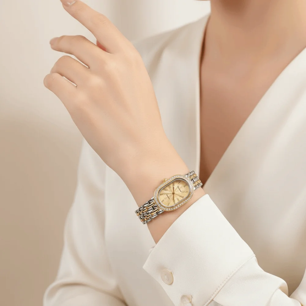 Oval Dial Women's Quartz Watch Minimalist Rhinestone Encrusted Vintage Female Clock Elegant Adjustable Ladies Wristwatch