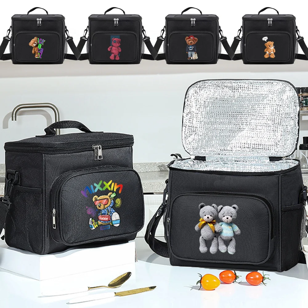 Zipper Front Pocket Lunch Bag for Kids Black Color Multifunctional Lunch Box Bear Series Printing Microwave Safe Dinner Box