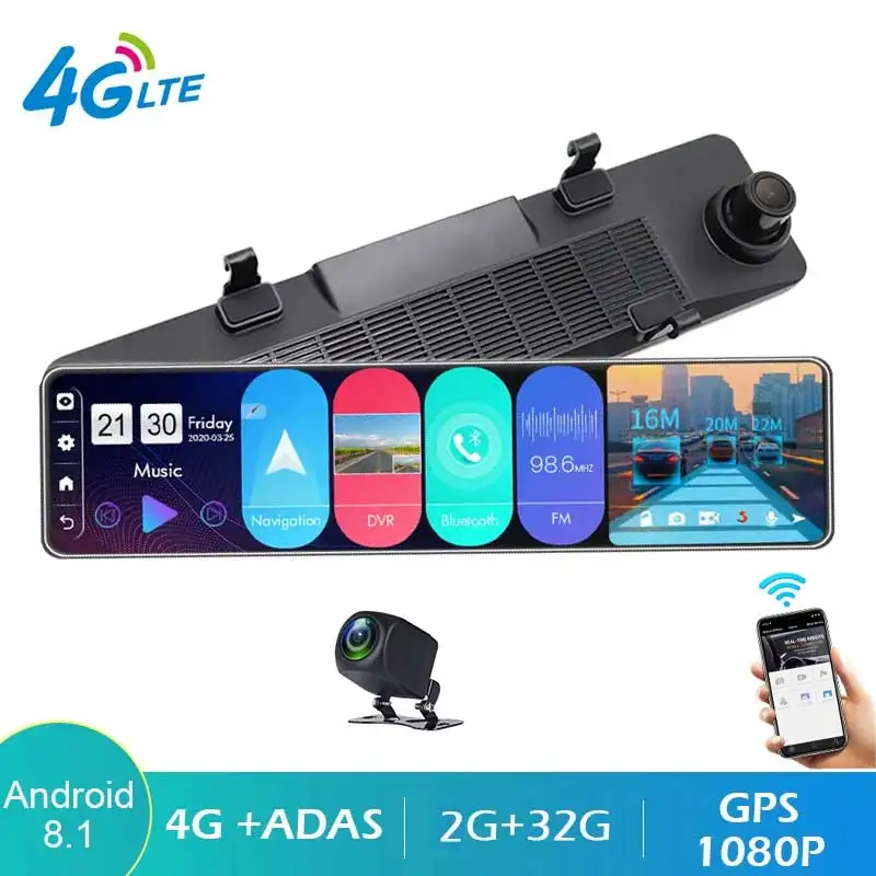 12Inch Android 8.1 2G+32G Car Rearview Mirror Stream Media WiFi GPS Navi Dash Cam Dual 1080P Camera Car Dvr ADAS Super Night