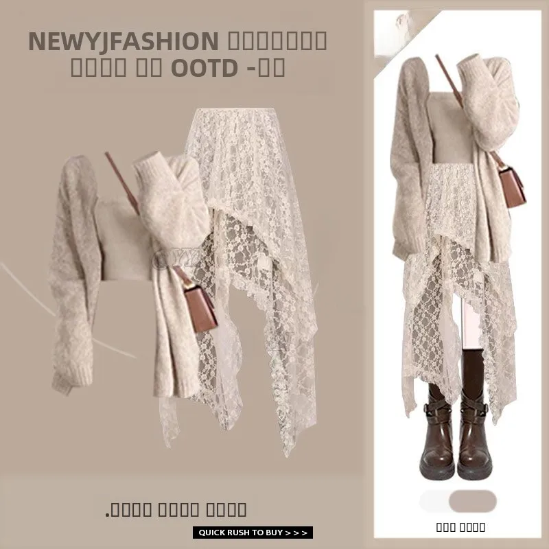 

Laid-back Style Knitted Sweater Strap Spring 2026 New Fashion Versatile Lace Skirt Three-piece Set Long Sleeve round Neck But...