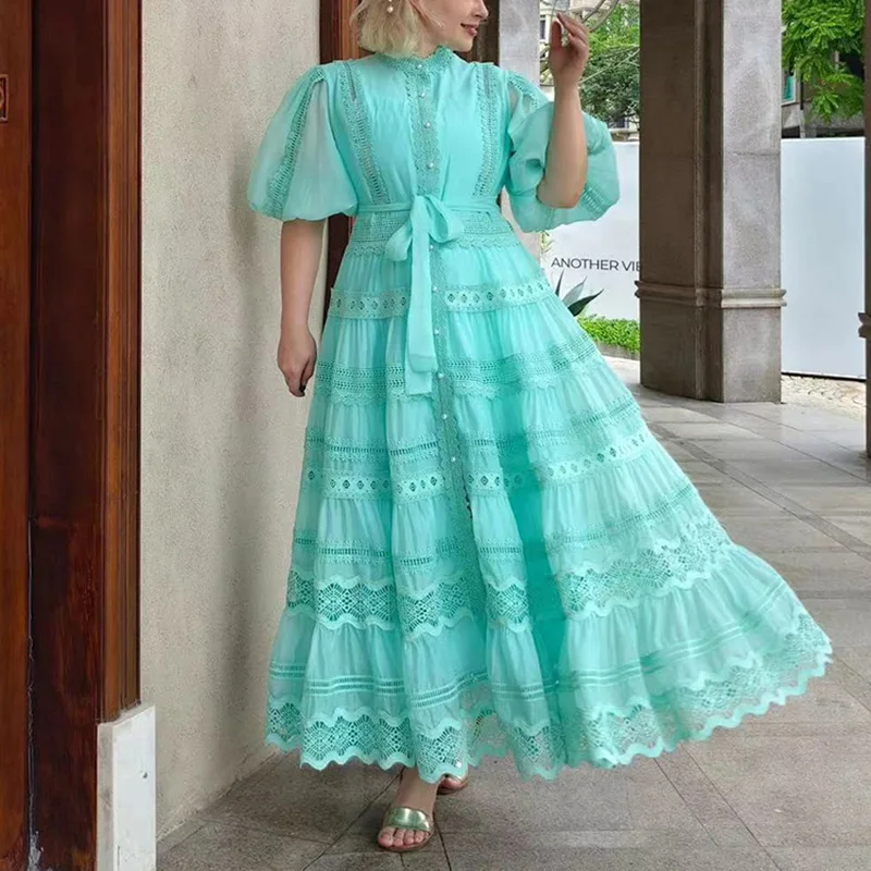 

Elegant Artistic Style Embroidered Design Solid Color Long Dress2025New Sleeve Tie Waist Long Dress Women