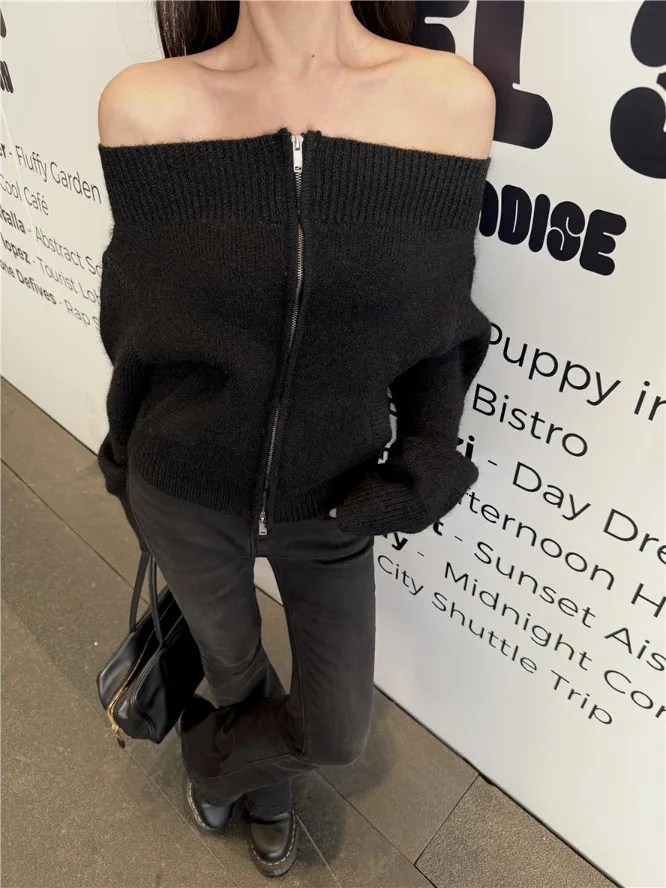 Retro  Color Lazy Sle Knit Sweater Coat Women's Autumn Winter Base Layer Outerwear Lazy High-End Feel One-oulder Kni...