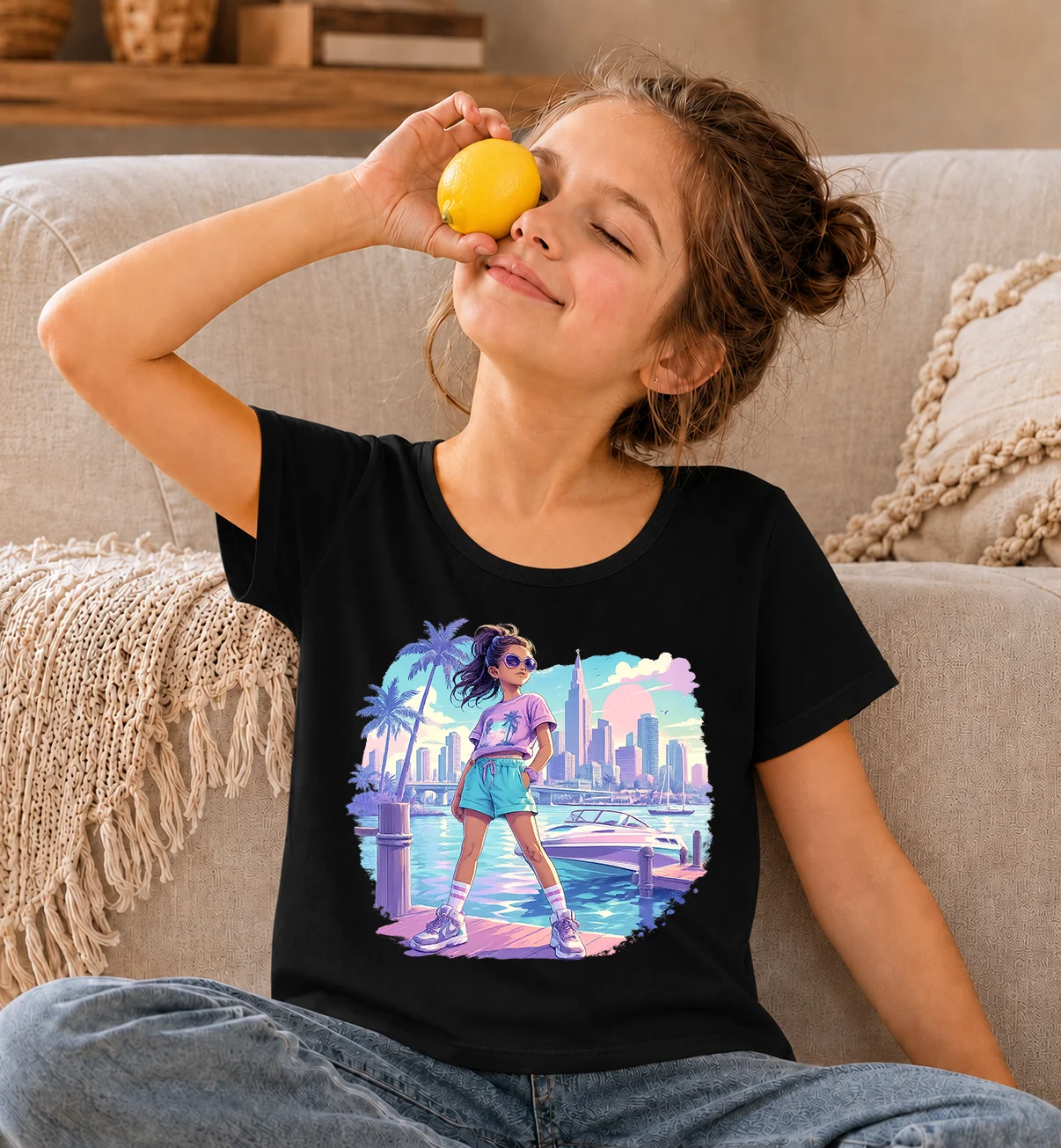 Girls Summer T-Shirt Cute City Beach Girl Palm Tree Yacht Graphic Print Tees Kids O Neck Short Sleeve Casual Breathable Black To