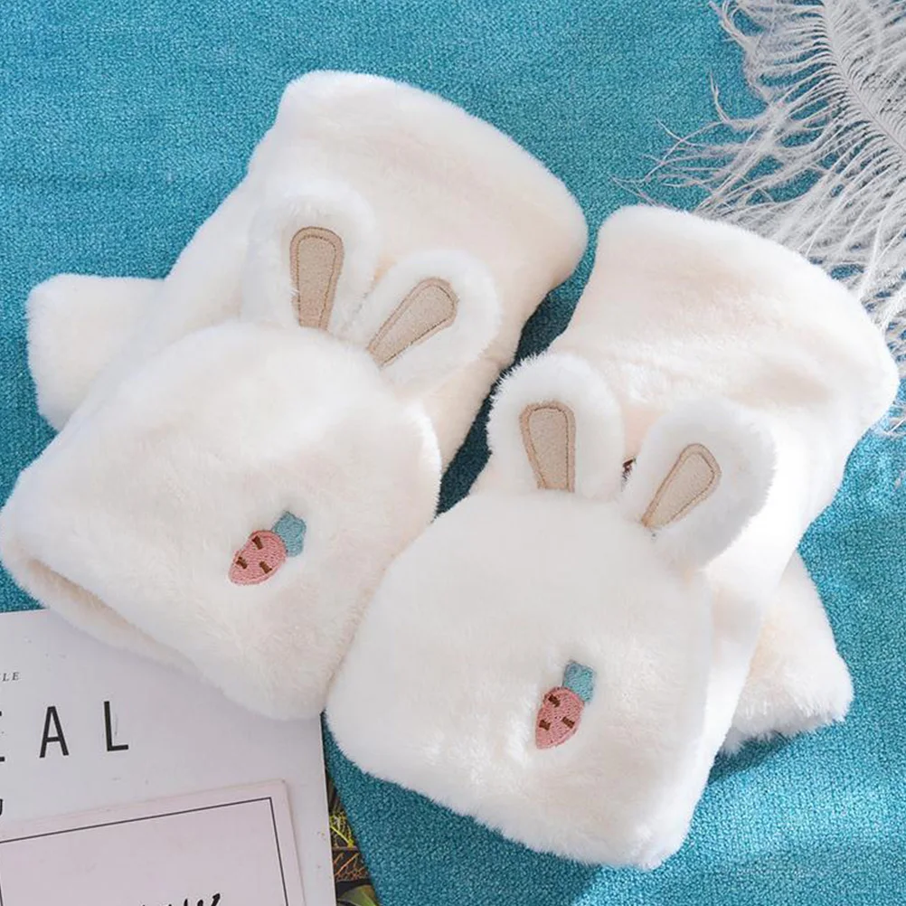 

1 Pair Fingerless Winter Gloves Warm Polyester Lined Rabbit Ear Design Hand Protectors For Women Touch Screen Mittens Cycling